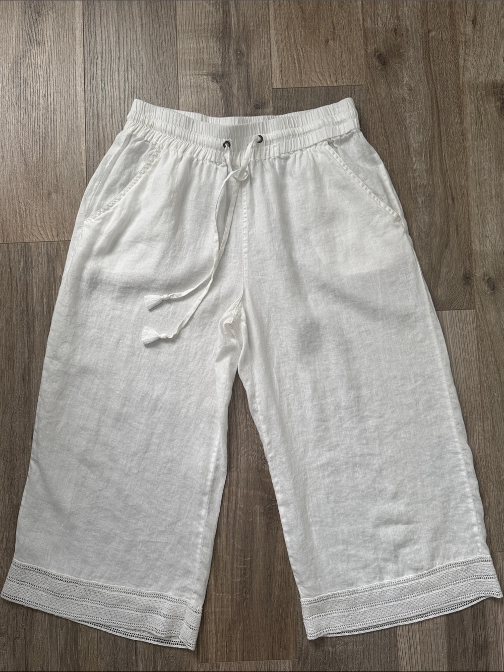 Magaschoni 100% Linen Wide Leg Womens White Cropped Pant Capri Size L